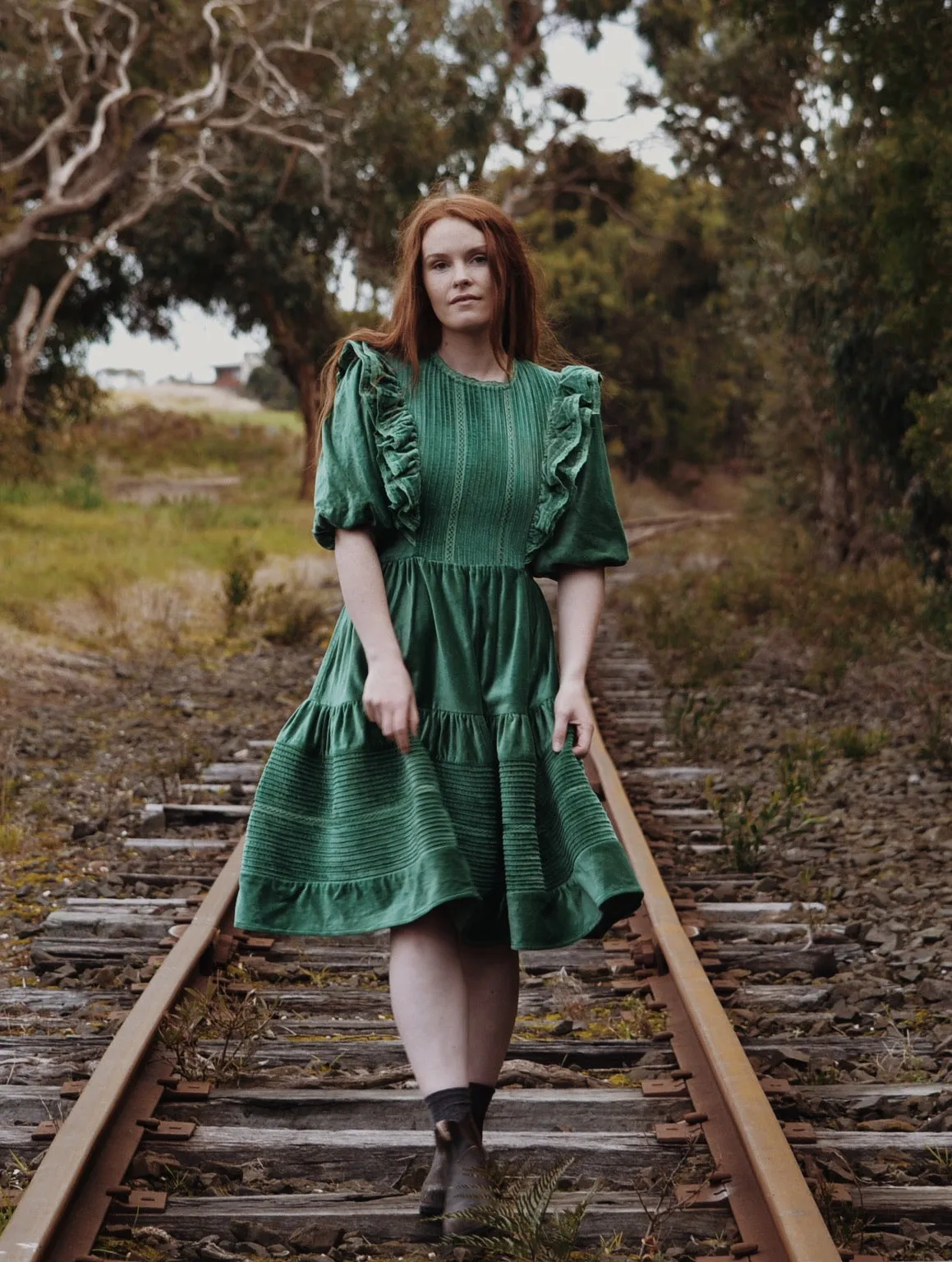 CLEMENTINE DRESS ANTIQUE GREEN VELVETEEN