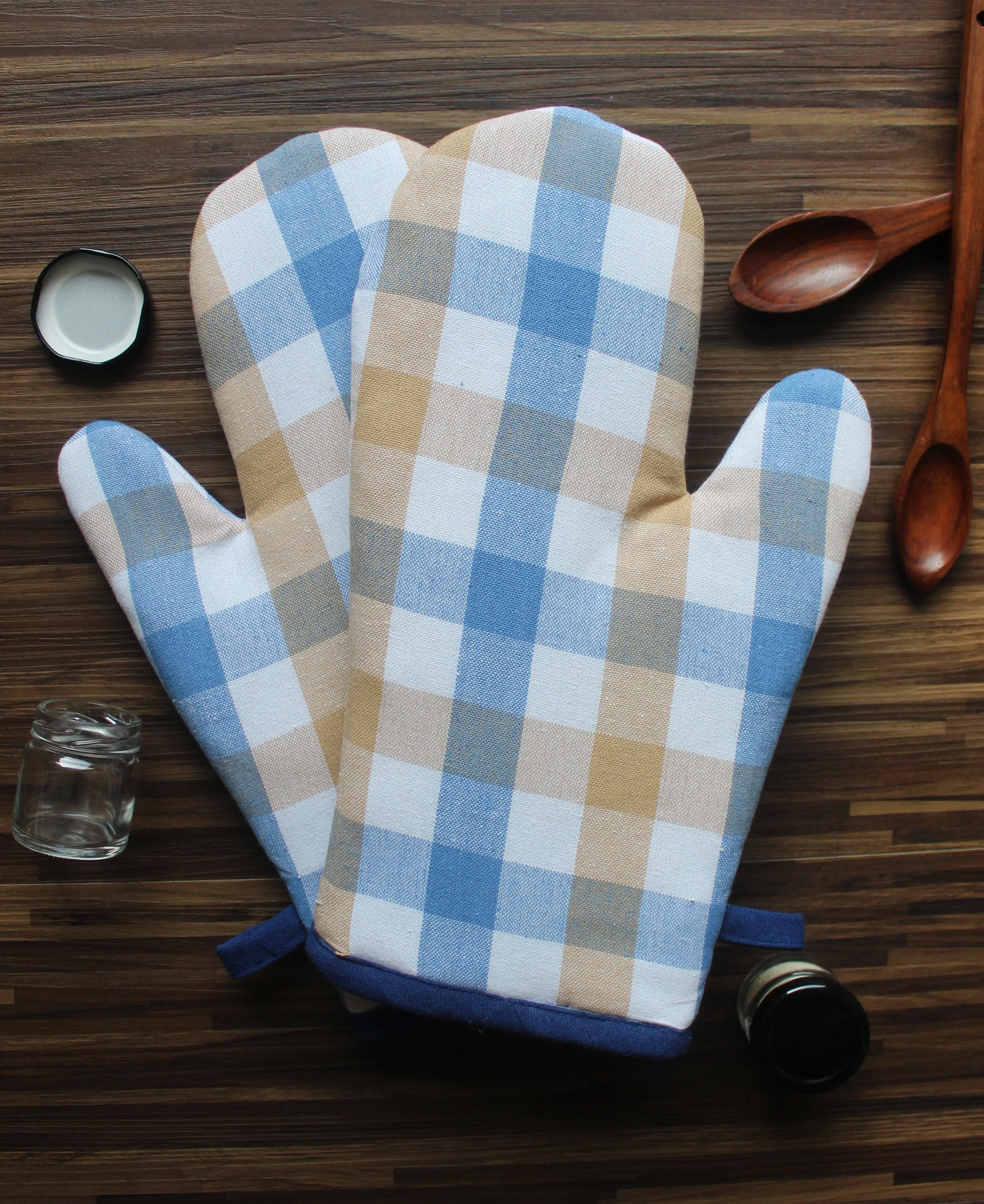 Cotton Lanfranki Blue Check Oven Gloves Pack Of 2