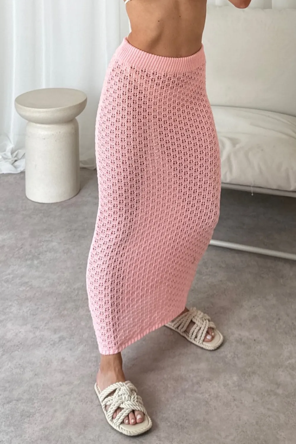 Dalila baby pink crochet knit maxi skirt