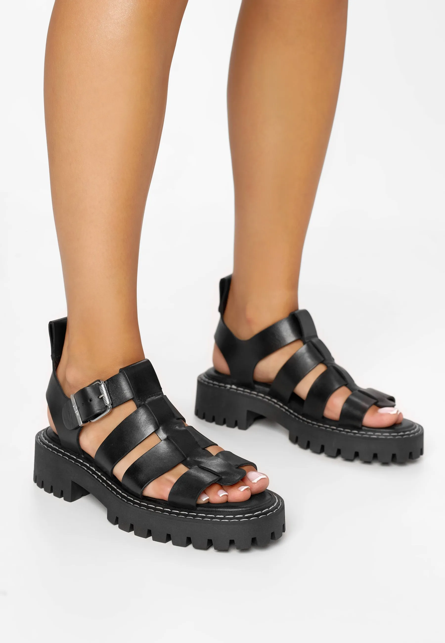 Daphny Black Leather Chunky Sandals