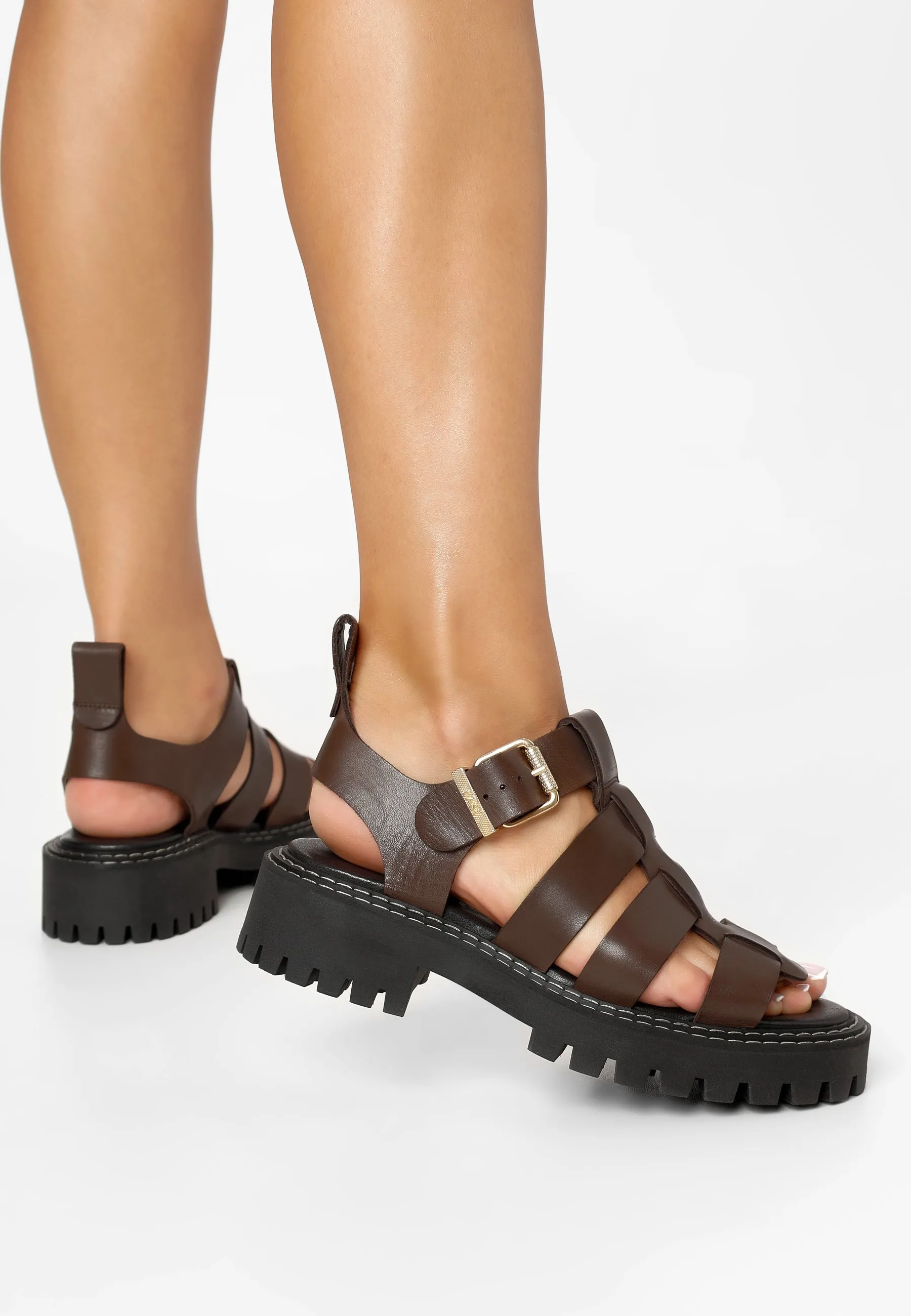 Daphny Brown Leather Chunky Sandals