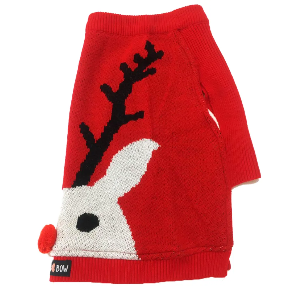 Dogobow Reindeer Knit Sweater for Dogs and Cats (Red) (Get a Bow Free)