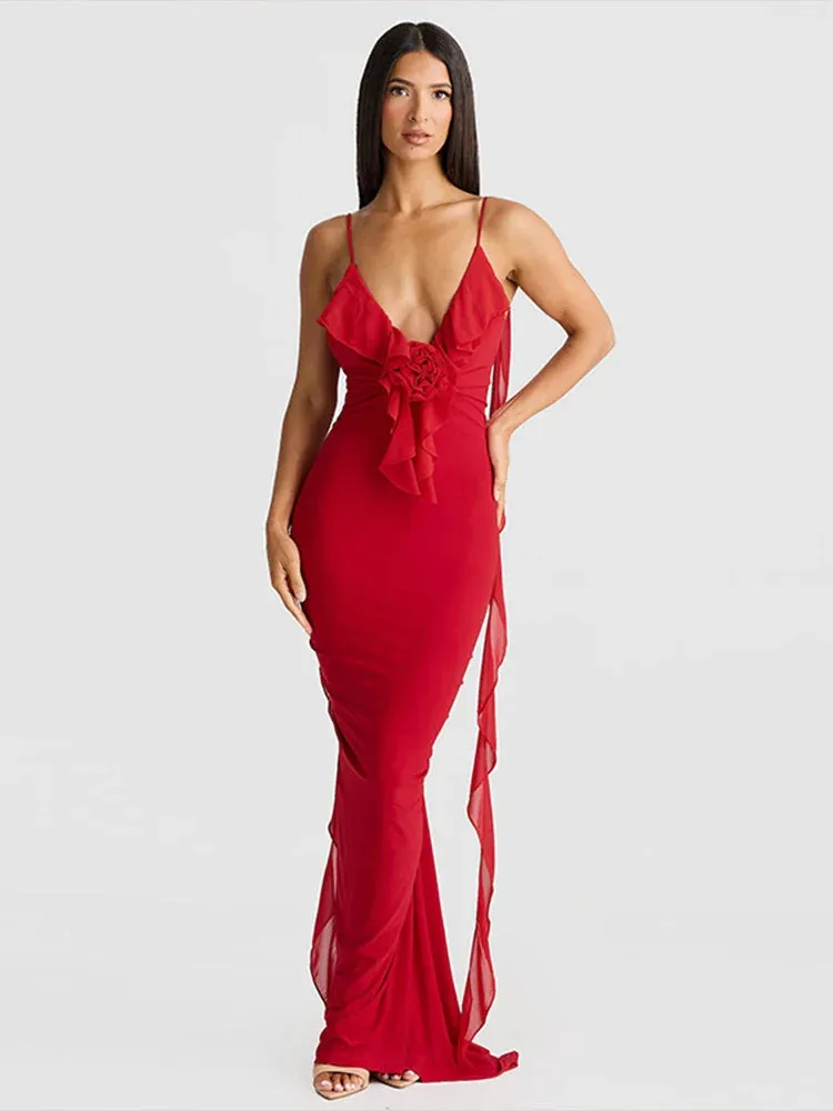 Elegant Long Mermaid Spaghetti Strap Backless V Neck Spring Summer Maxi Dress