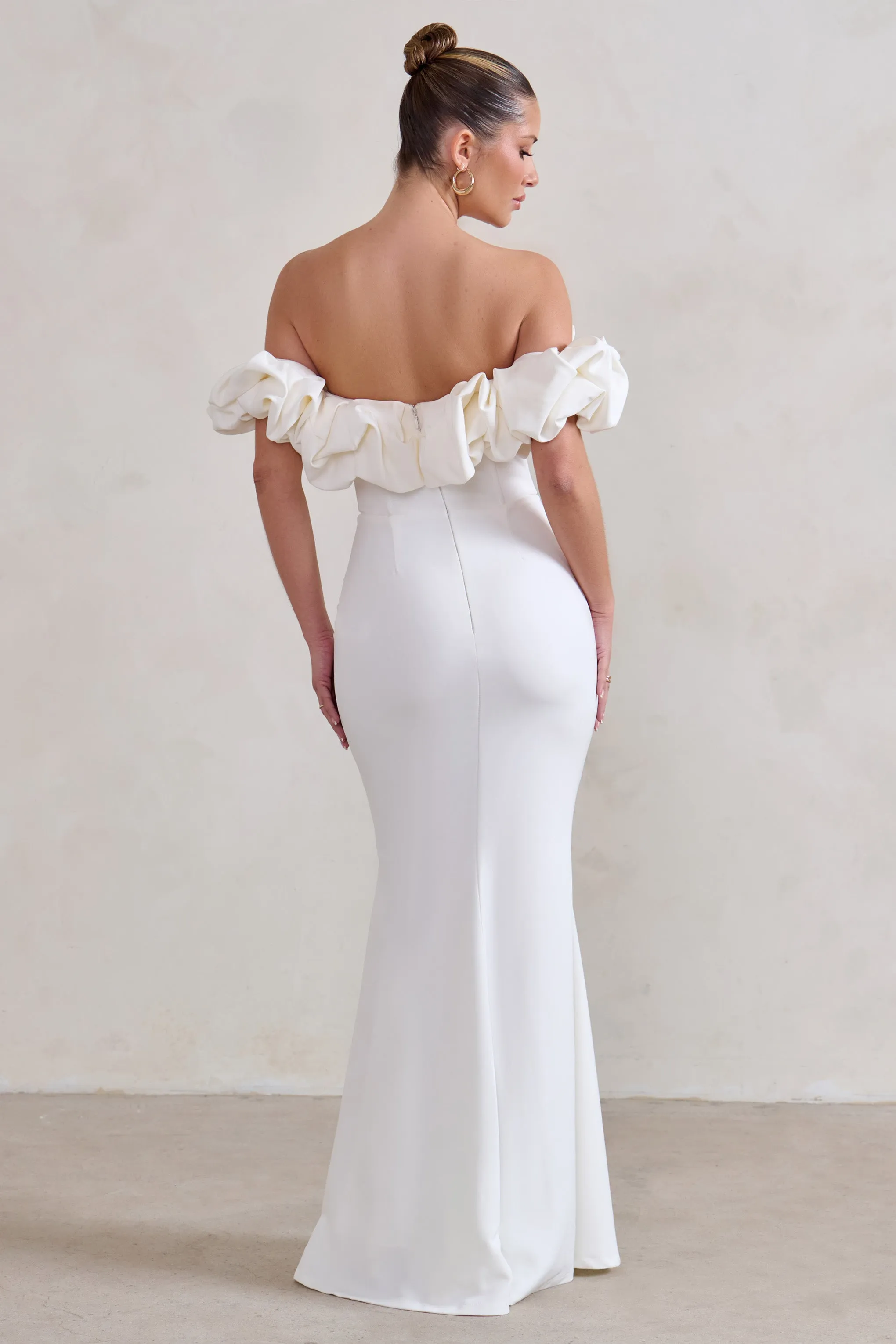 Esmeralda | White Structured Statement Bardot Maxi Dress