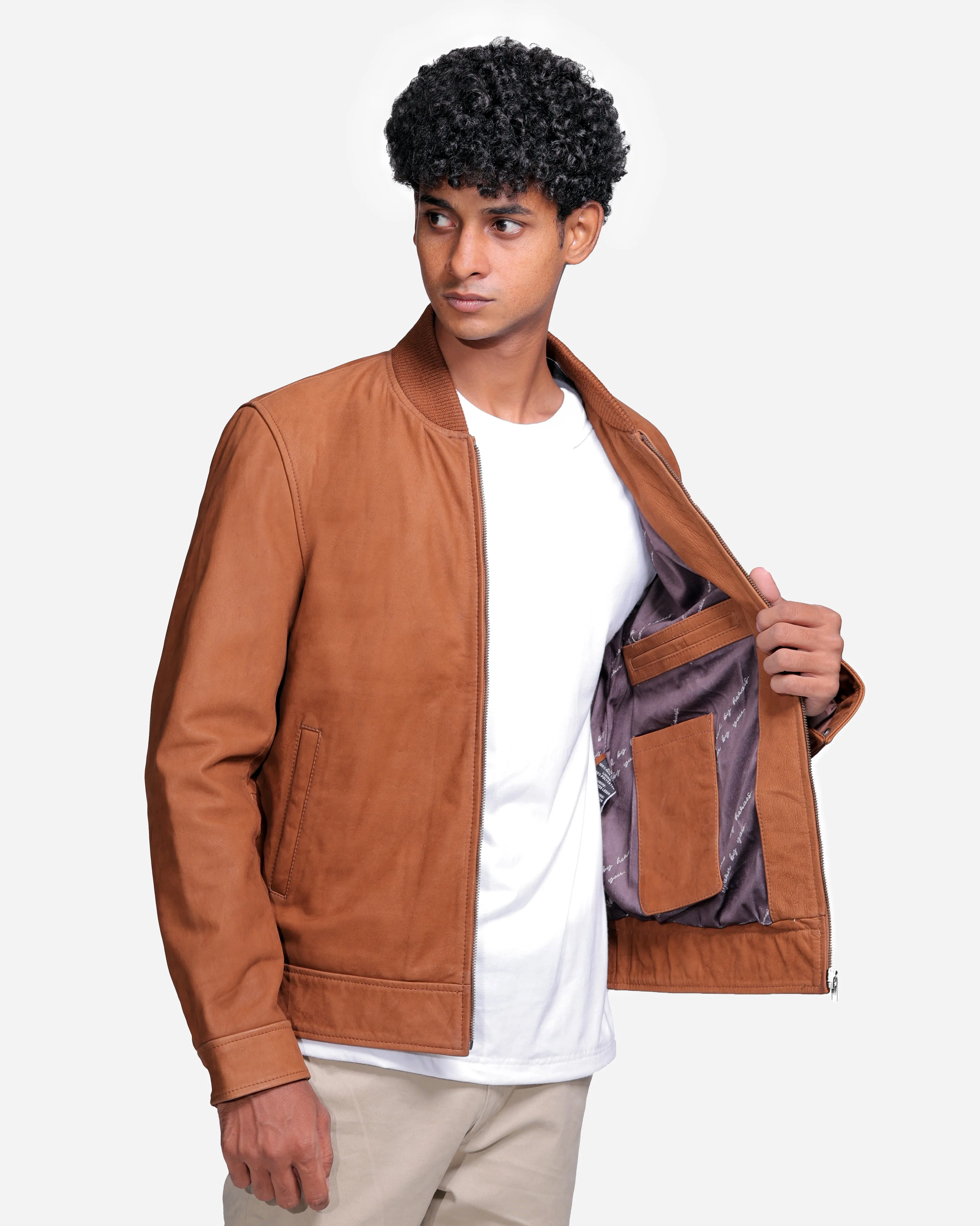 Eugene Brown Leather Bomber Jacket