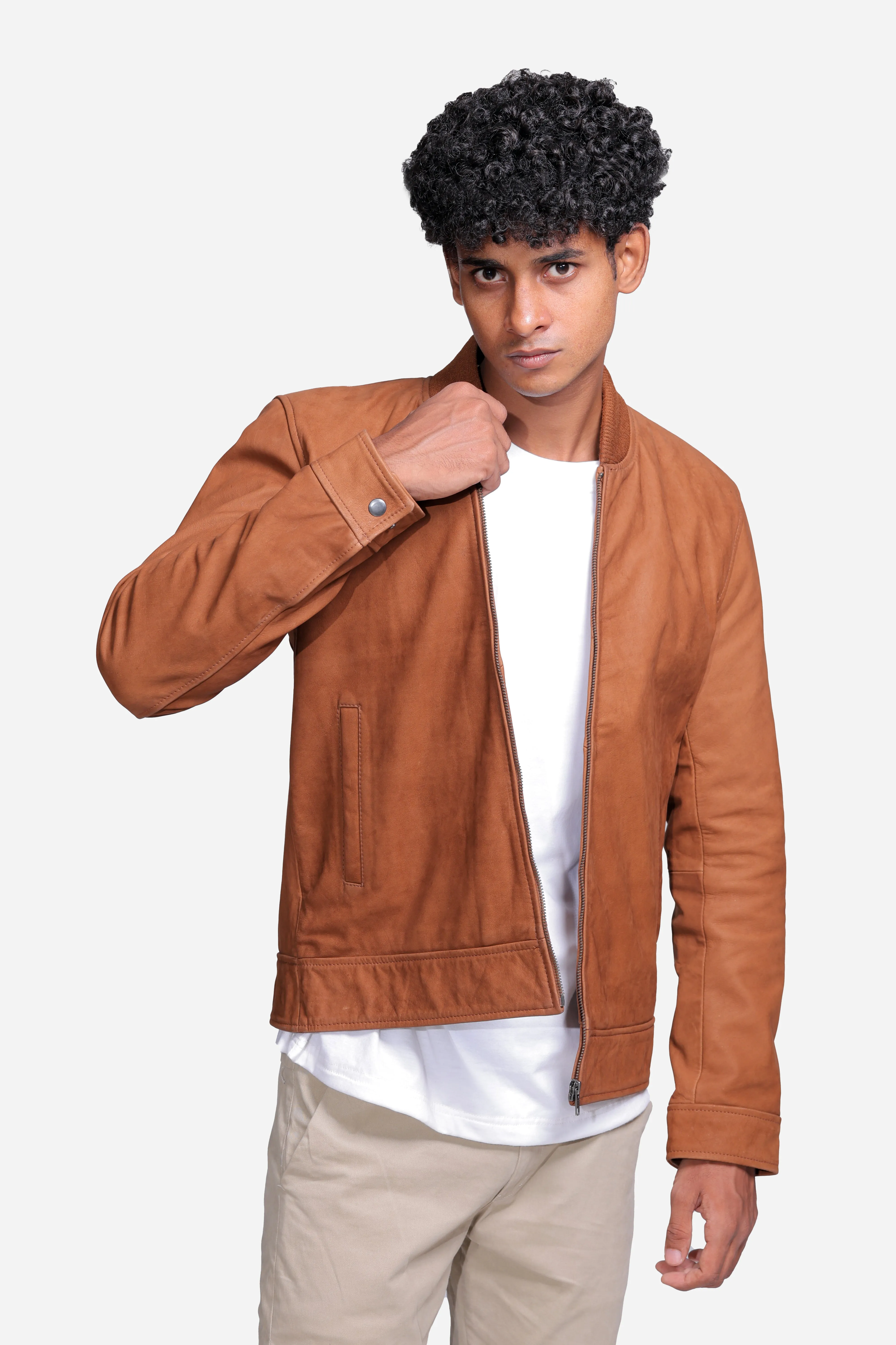 Eugene Brown Leather Bomber Jacket