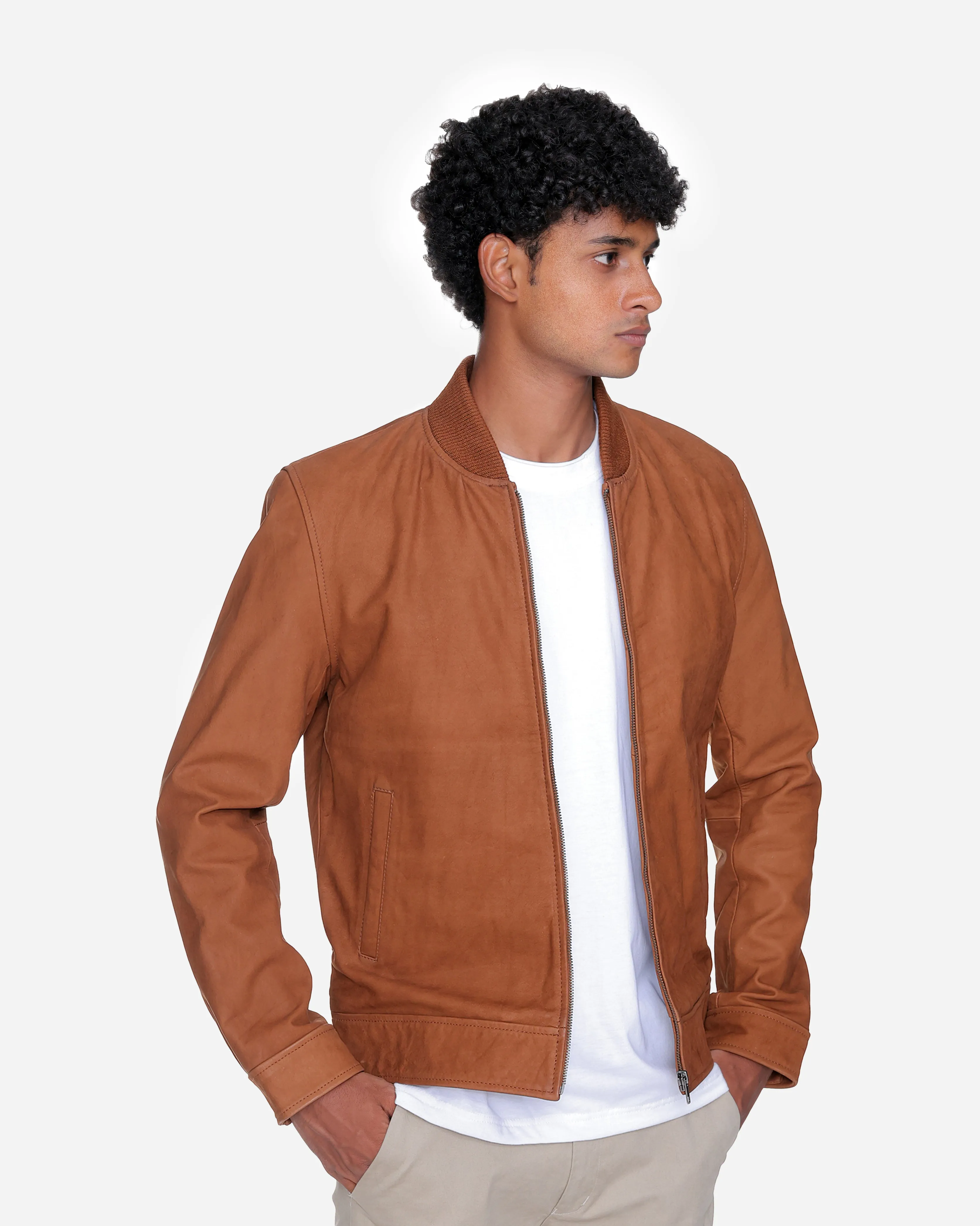 Eugene Brown Leather Bomber Jacket