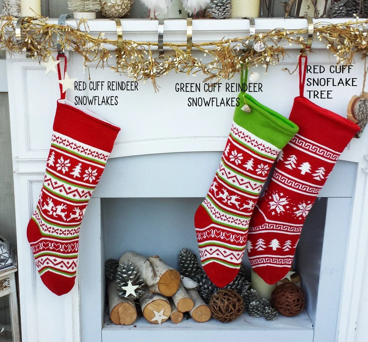 Fair Isle Personalized 19" Knitted Christmas Stockings Intarsia Red Green White Knit Modern Christmas Family Stockings for Holidays