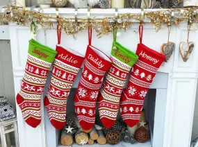 Fair Isle Personalized 19" Knitted Christmas Stockings Intarsia Red Green White Knit Modern Christmas Family Stockings for Holidays