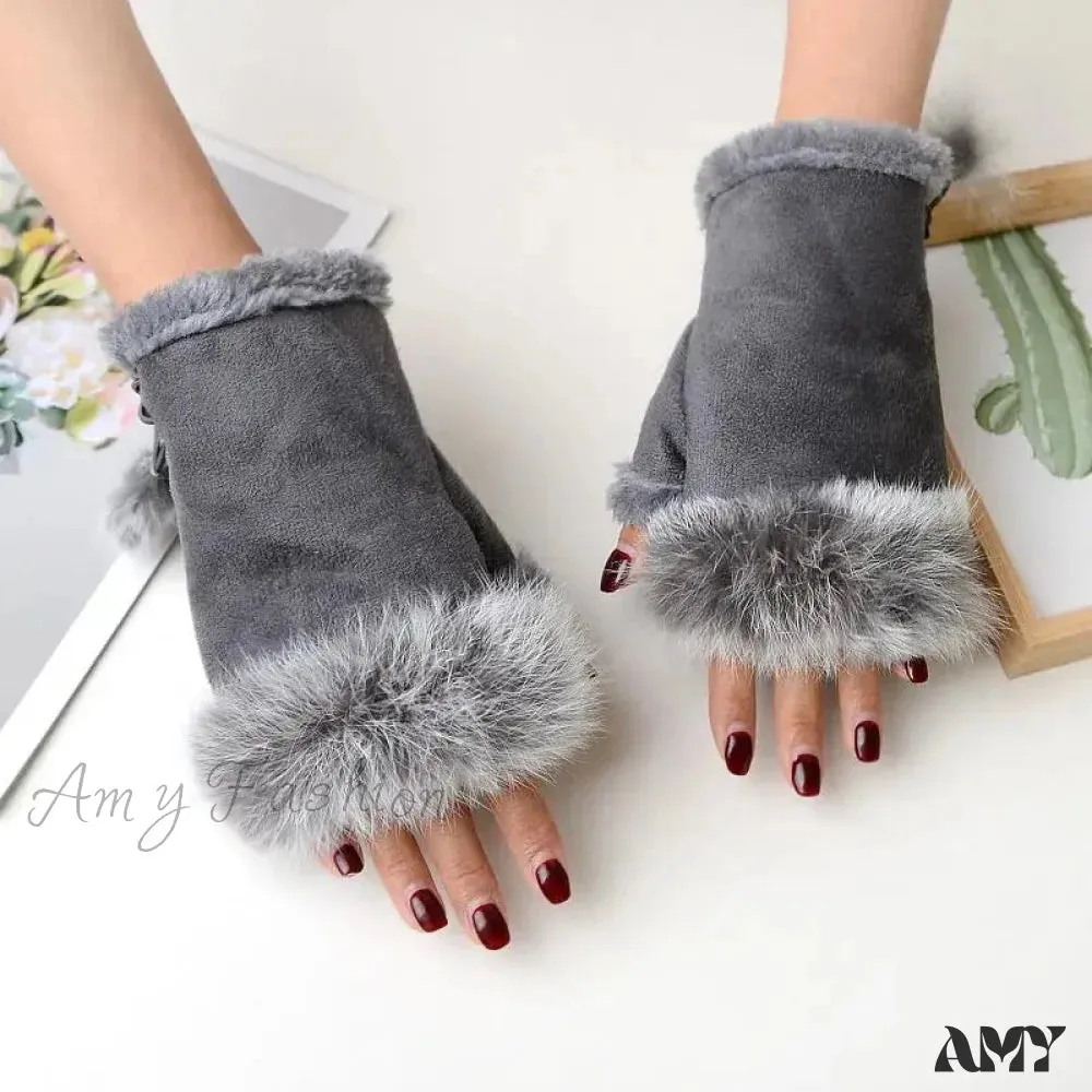 Faux Rabbit Fur Fingerless Winter Warmer Gloves