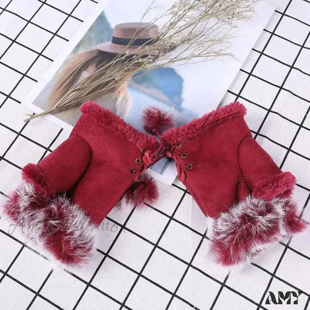 Faux Rabbit Fur Fingerless Winter Warmer Gloves