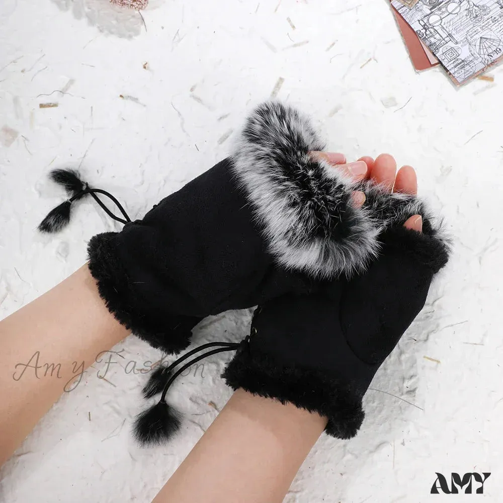 Faux Rabbit Fur Fingerless Winter Warmer Gloves