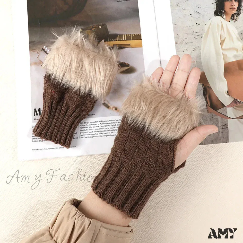 Faux Rabbit Fur Fingerless Winter Warmer Gloves