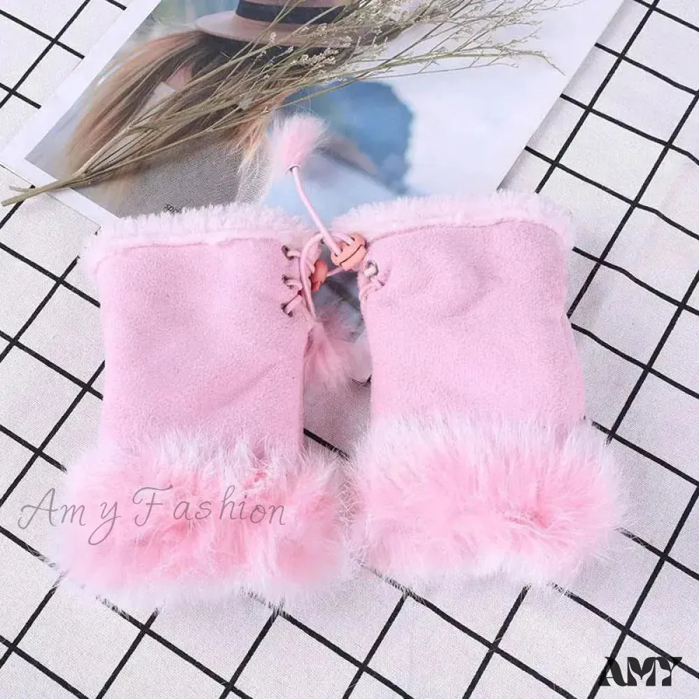 Faux Rabbit Fur Fingerless Winter Warmer Gloves