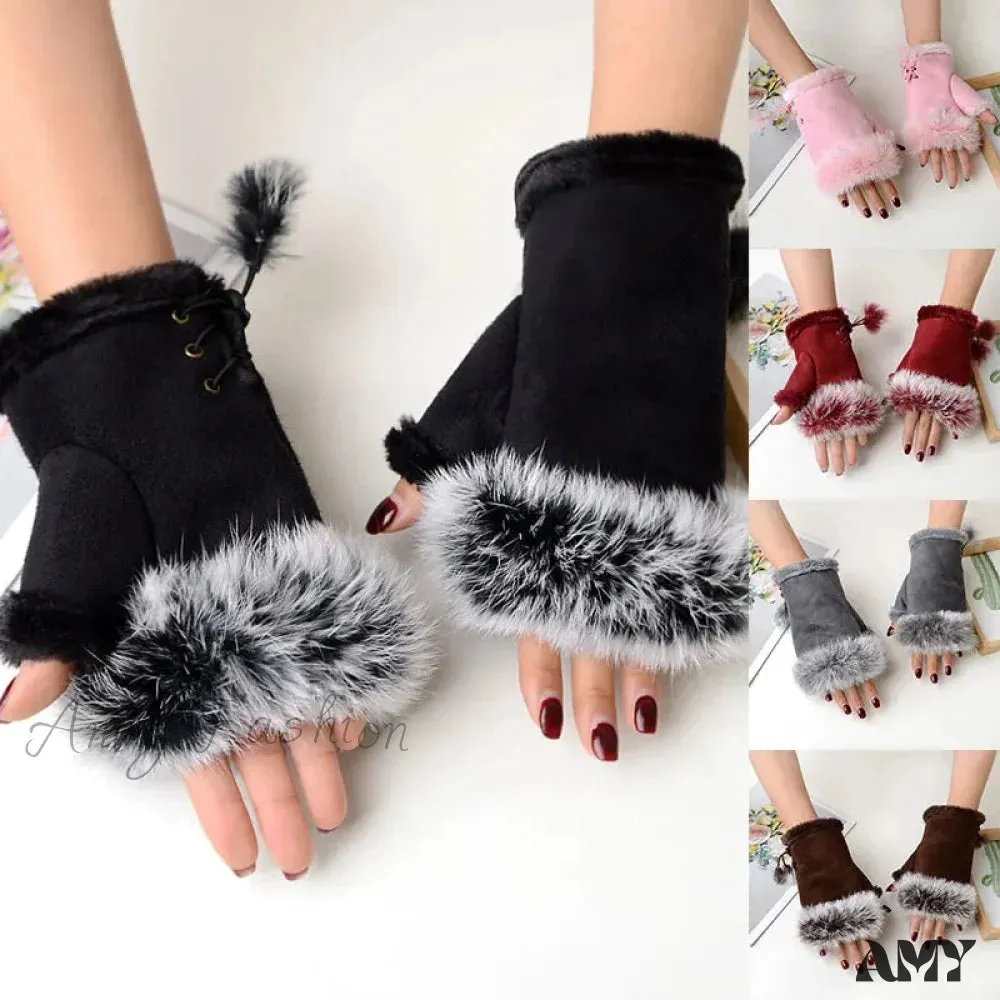 Faux Rabbit Fur Fingerless Winter Warmer Gloves