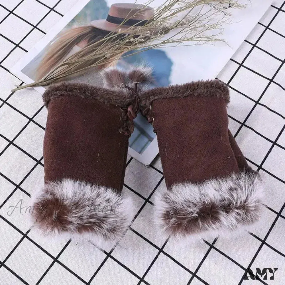 Faux Rabbit Fur Fingerless Winter Warmer Gloves