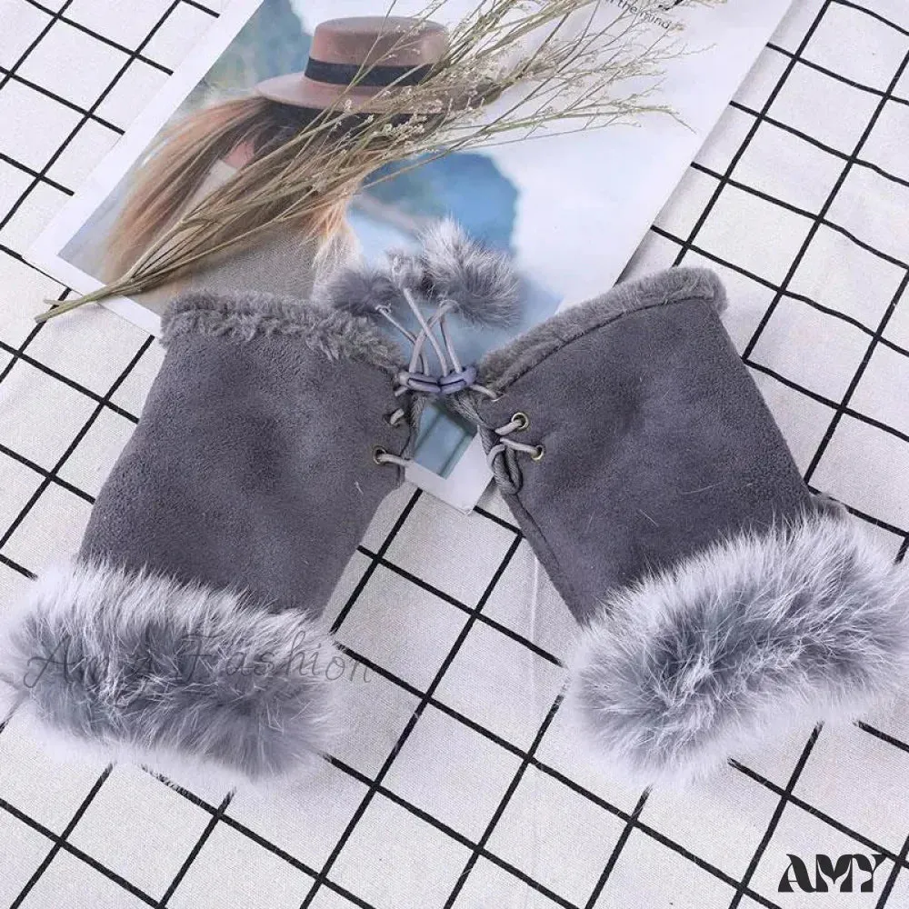 Faux Rabbit Fur Fingerless Winter Warmer Gloves