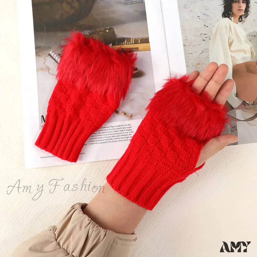 Faux Rabbit Fur Fingerless Winter Warmer Gloves