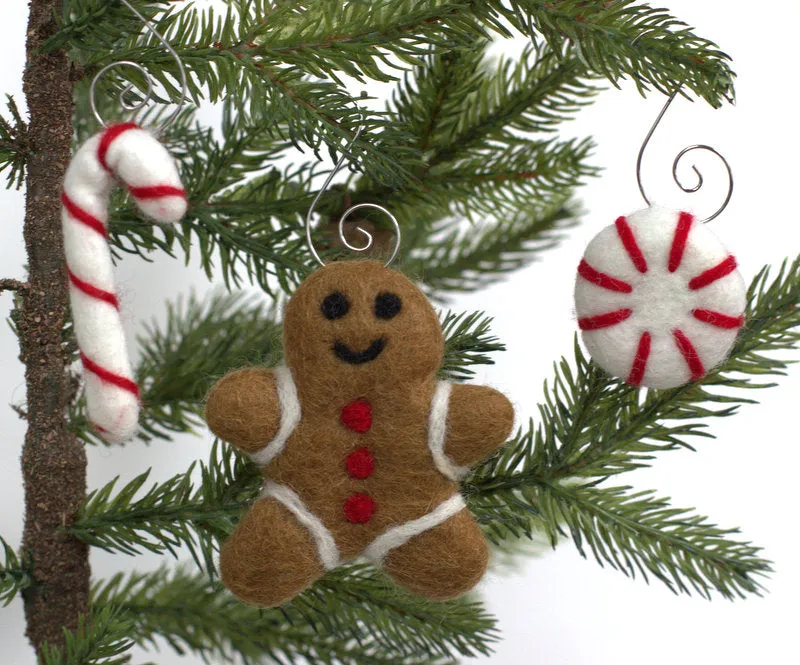 Felt Christmas Tree Ornaments- Gingerbread Man, Peppermint, Candy Cane- SET OF 3