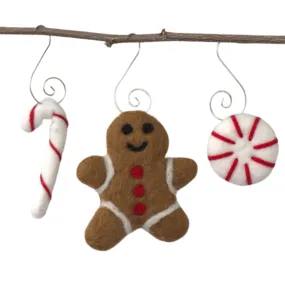 Felt Christmas Tree Ornaments- Gingerbread Man, Peppermint, Candy Cane- SET OF 3