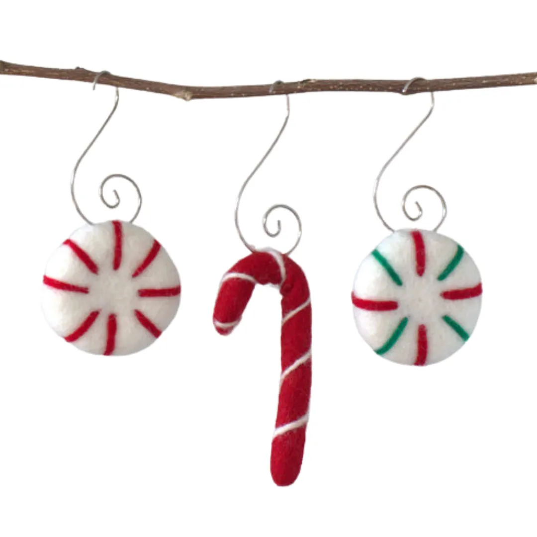 Felt Christmas Tree Ornaments- Peppermint, Candy Cane- SET OF 3