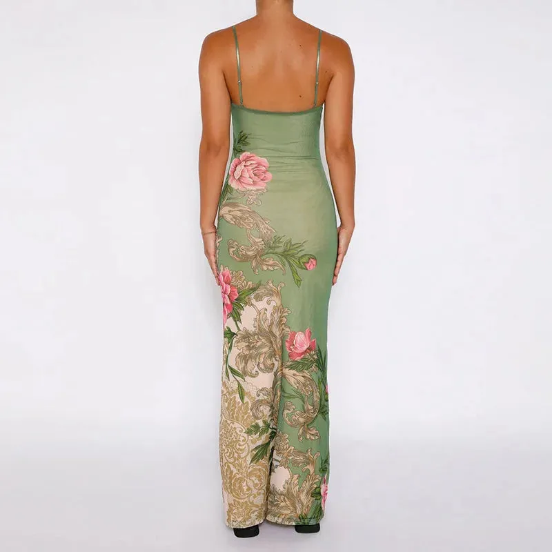 Floral Print Sleeveless V-Neck Slim Long Dress for Summer Beach Party Club Wear