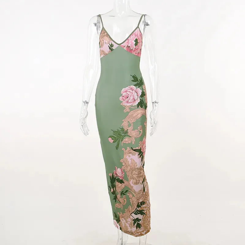 Floral Print Sleeveless V-Neck Slim Long Dress for Summer Beach Party Club Wear