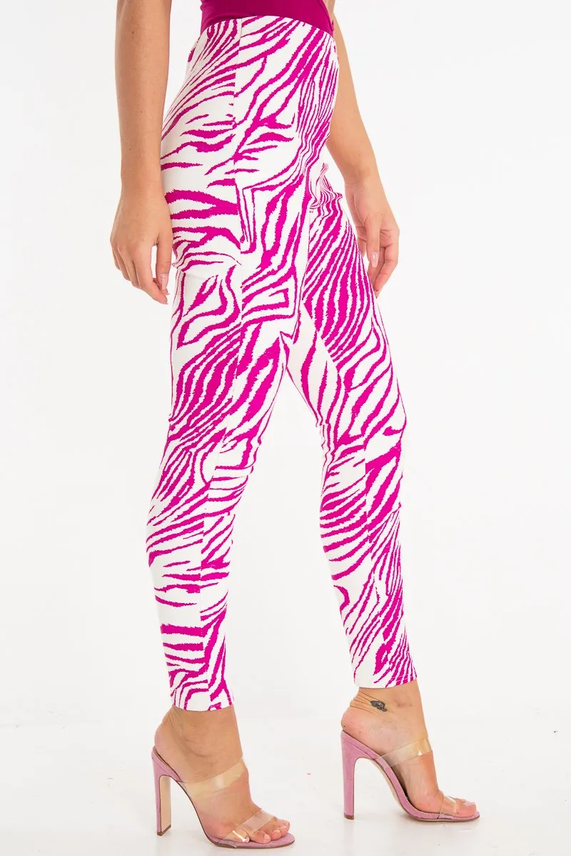 Fuchsia White Animal Print Faux Leather Leggings - Quinn