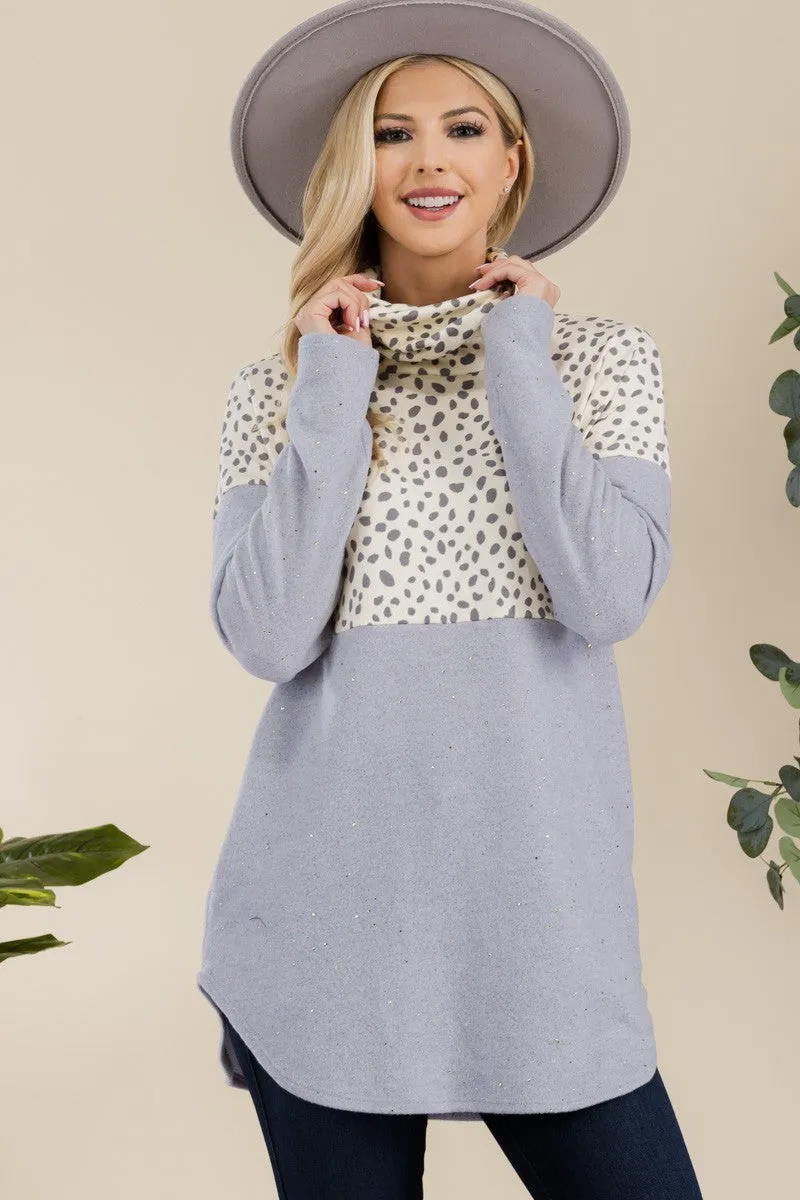 Full Size Curved Hem Printed Turtleneck Long Sleeve Blouse