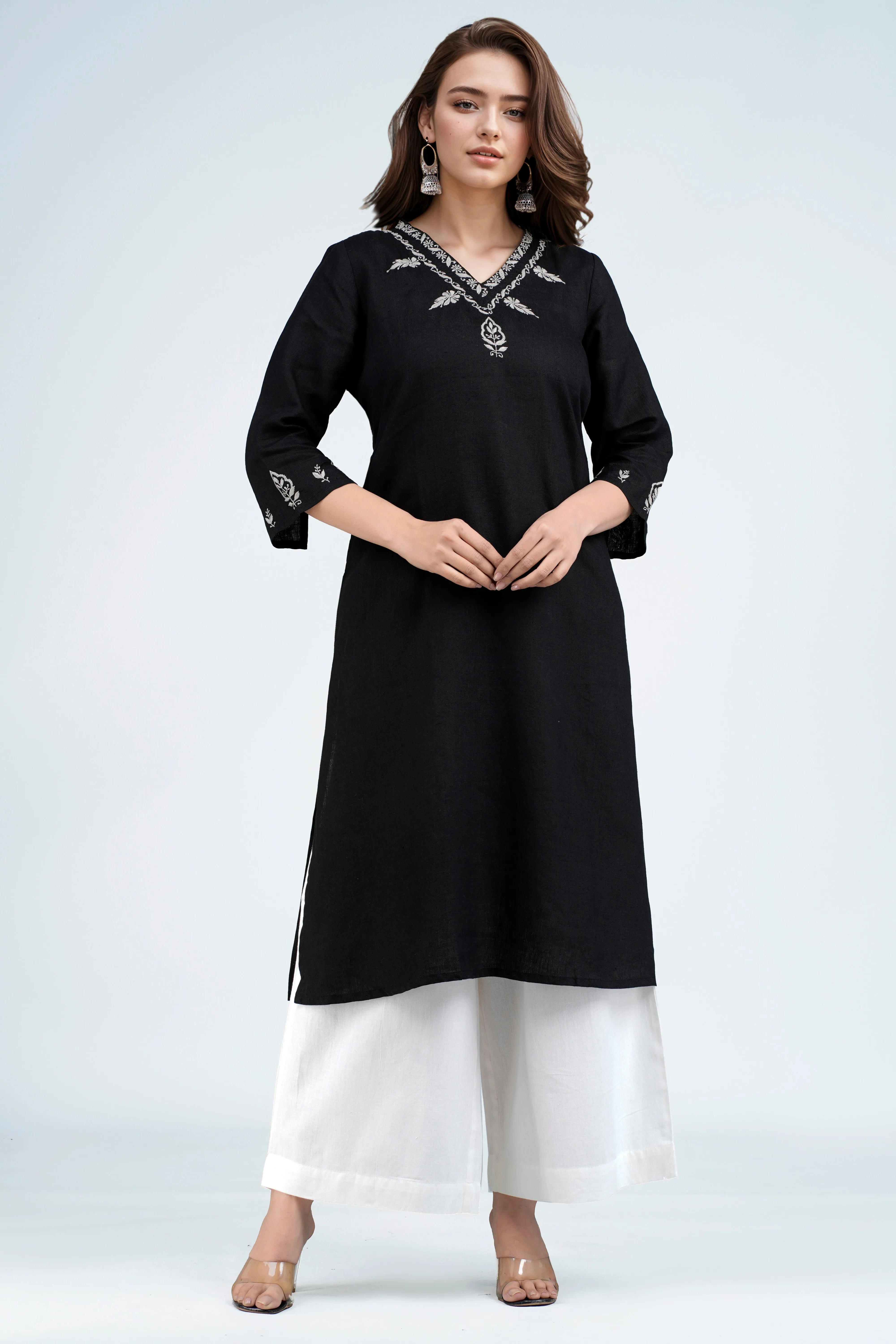 GARVI Linen-Cotton Hand Embroidered Tunic Kurti: Made to Order/Customizable