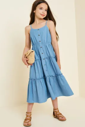 Girls Denim Tier Button-Down Midi Dress