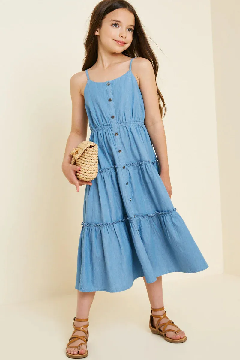 Girls Denim Tier Button-Down Midi Dress