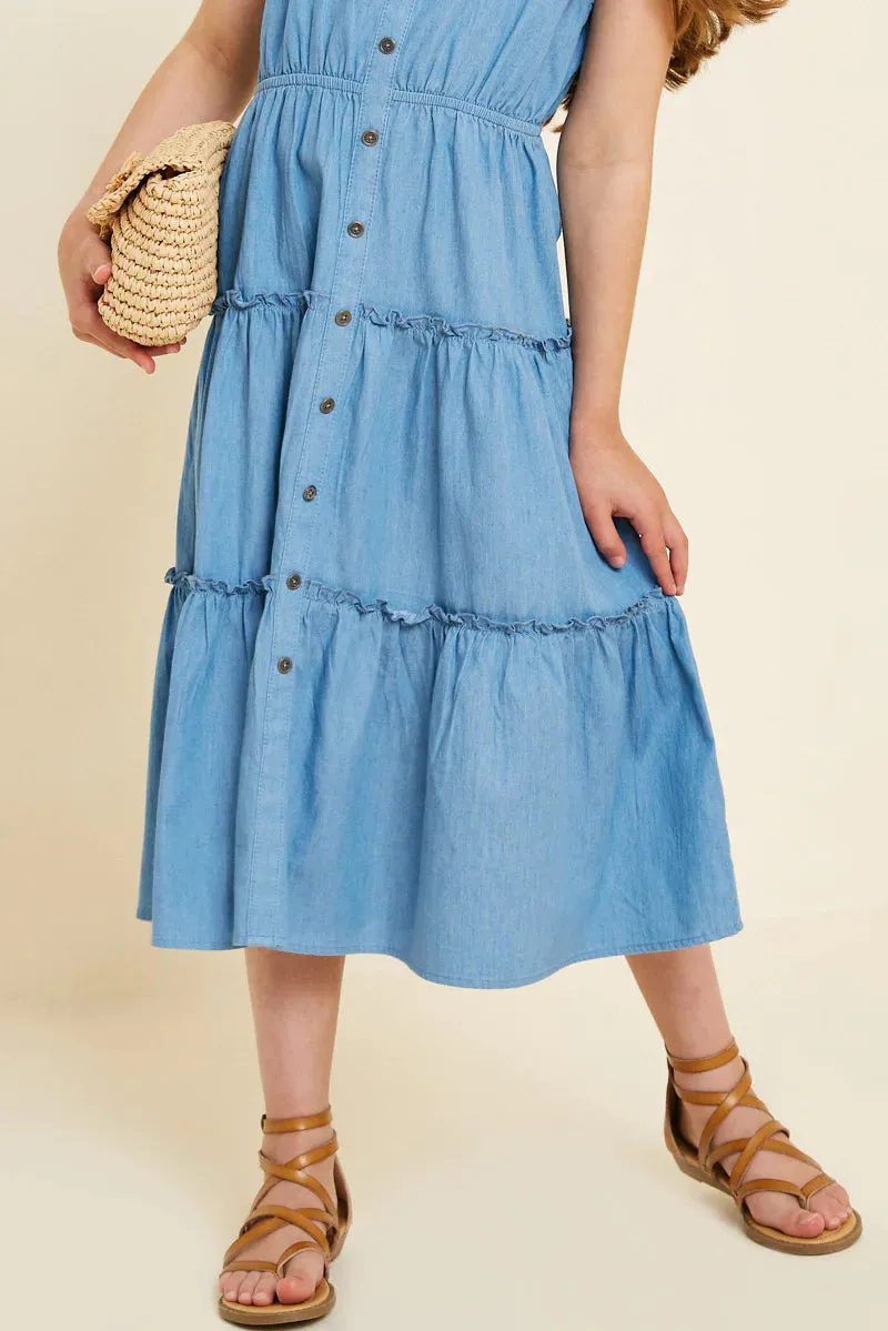 Girls Denim Tier Button-Down Midi Dress