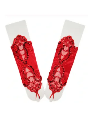 Girls Red Sparkle Sequin Fingerless Gloves