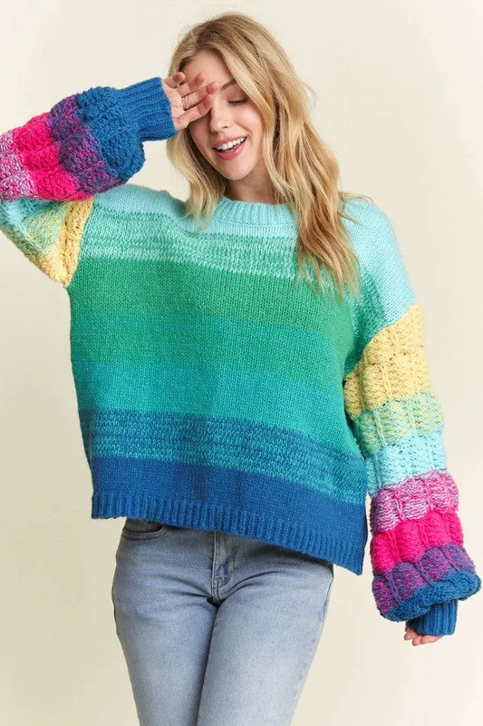 Green Puff Sleeve Ombre Sweater Top