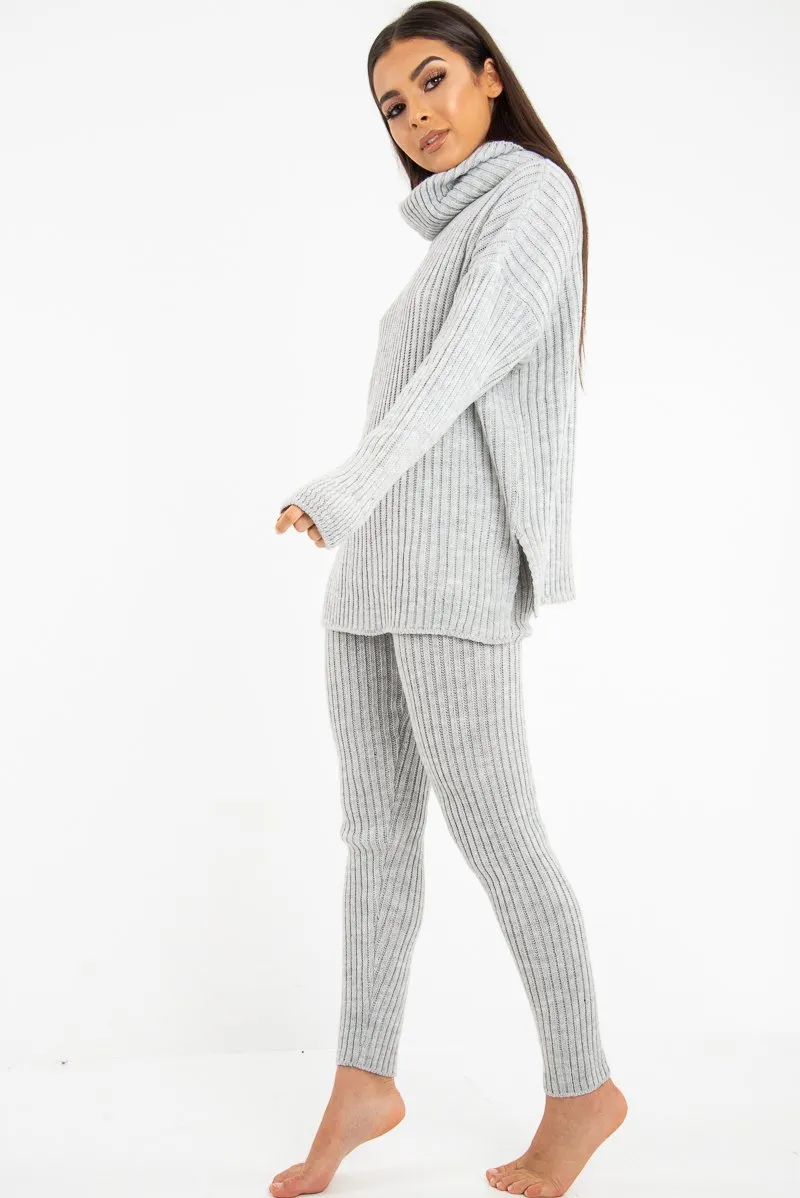 Grey Chunky Knit Roll Neck Loungewear Co-Ord - Imara