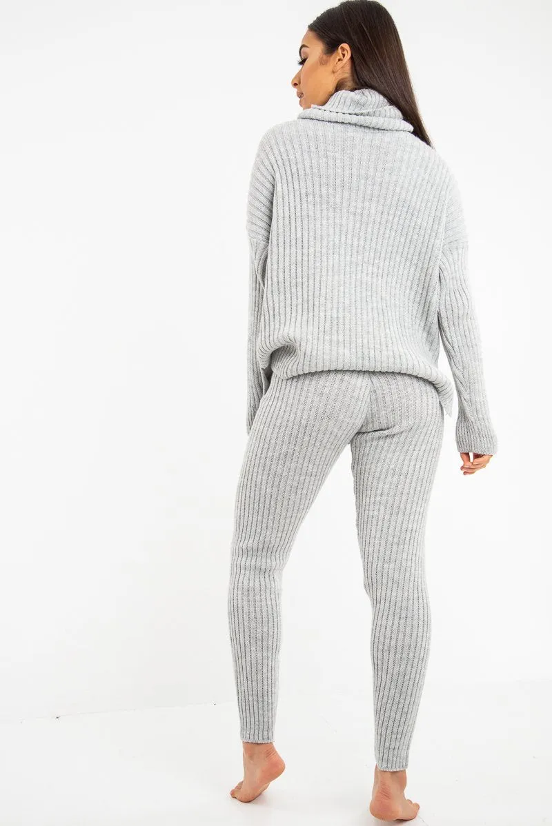 Grey Chunky Knit Roll Neck Loungewear Co-Ord - Imara