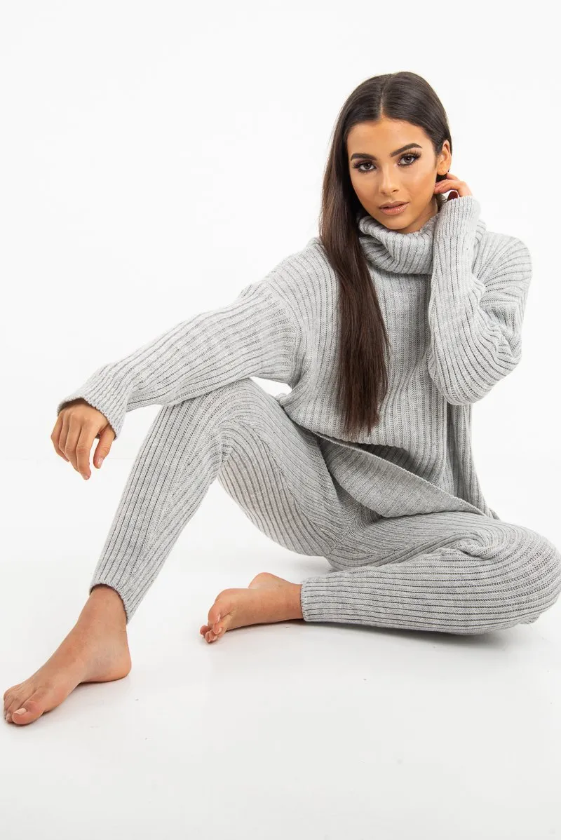 Grey Chunky Knit Roll Neck Loungewear Co-Ord - Imara