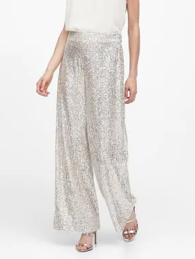 High-Rise Wide-Leg Sequin Pant in Champagne Silver Sequin