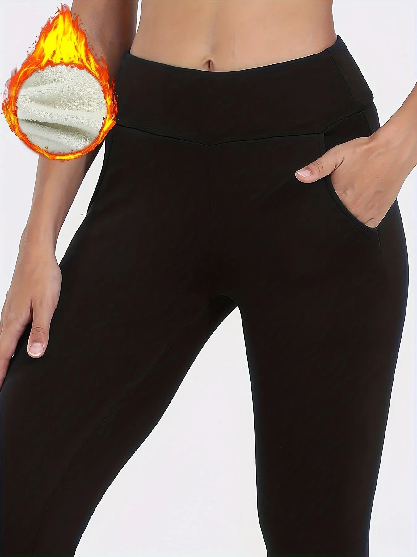 High Waist Fleece Sports Fitness Yoga Pants, Solid Color High Stretch Workout Fleece Warm Leggings, Women's Activewear