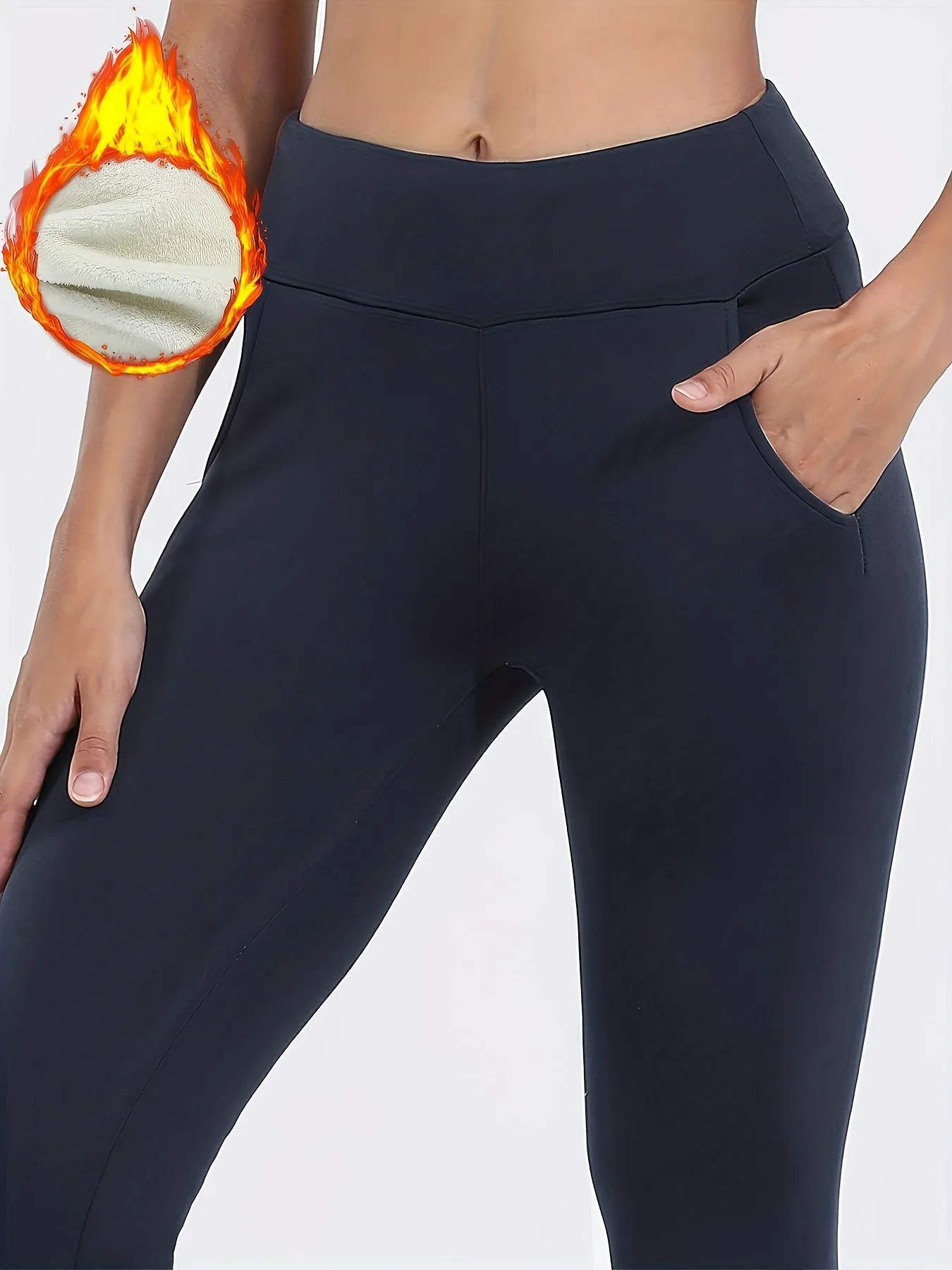 High Waist Fleece Sports Fitness Yoga Pants, Solid Color High Stretch Workout Fleece Warm Leggings, Women's Activewear