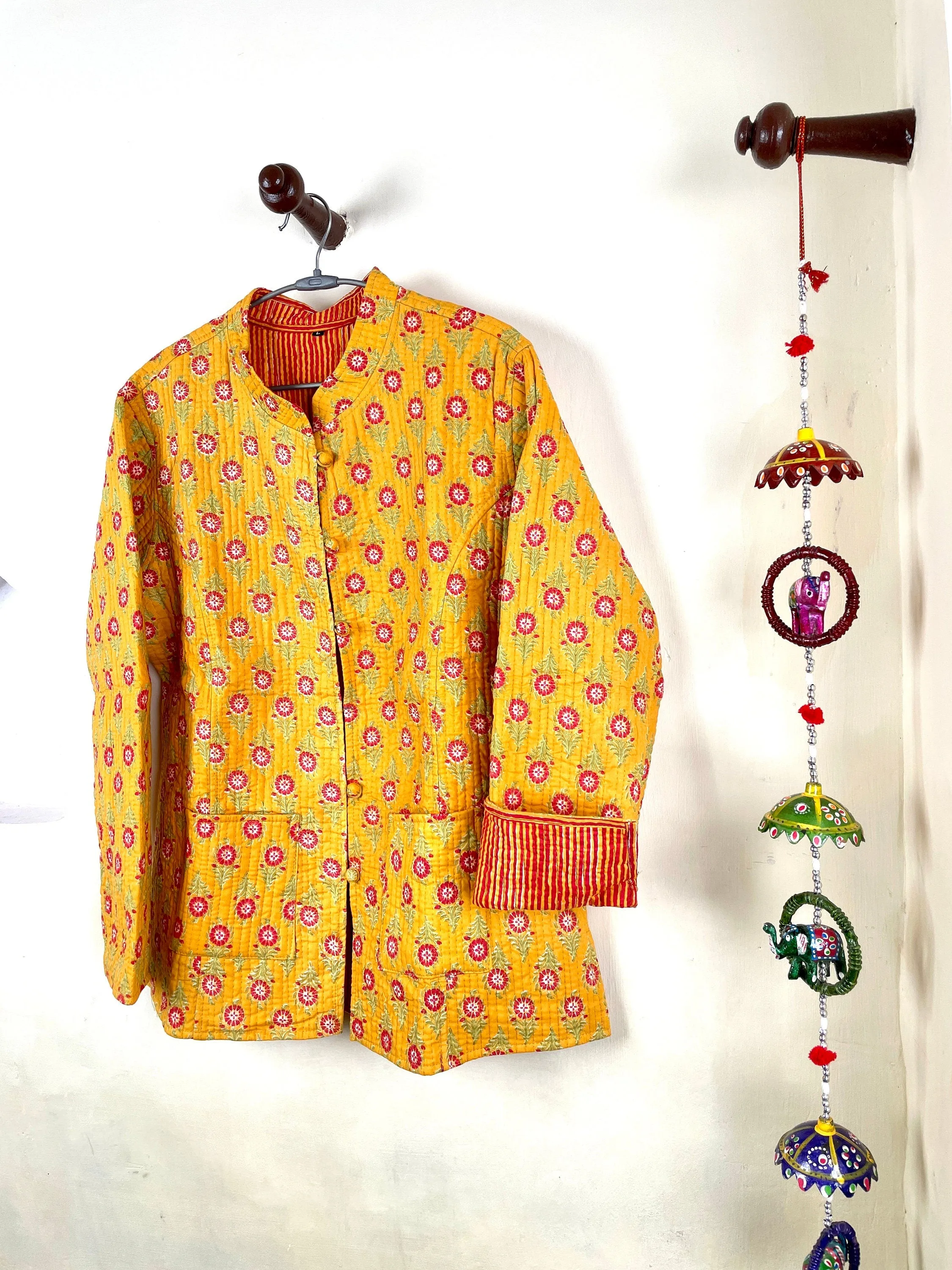 Indian Handmade Quilted Kantha Cotton Fabric Jacket Stylish Yellow Floral Women's Coat, Reversible Waistcoat for Her