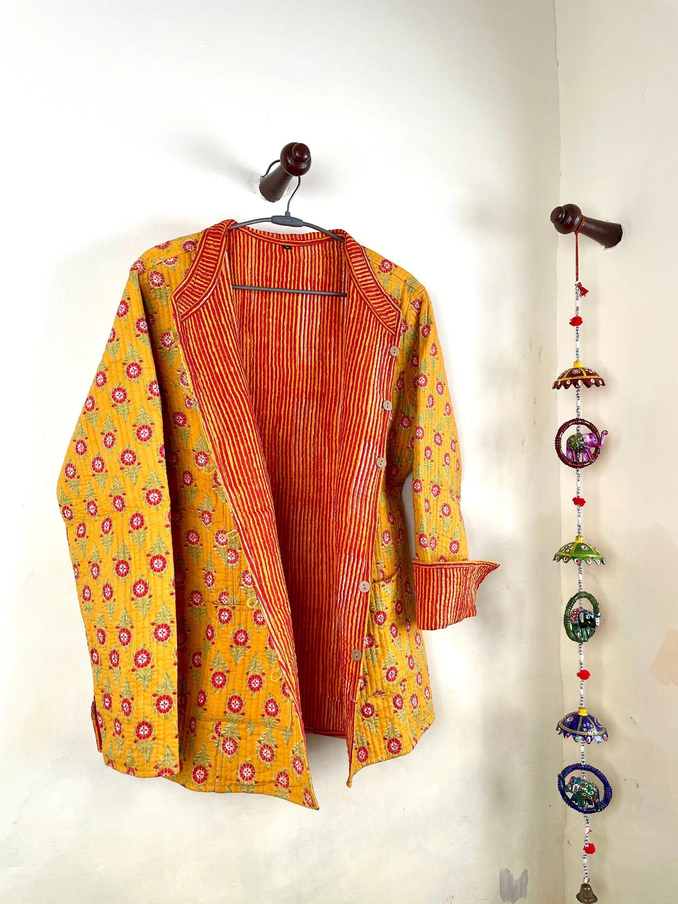 Indian Handmade Quilted Kantha Cotton Fabric Jacket Stylish Yellow Floral Women's Coat, Reversible Waistcoat for Her