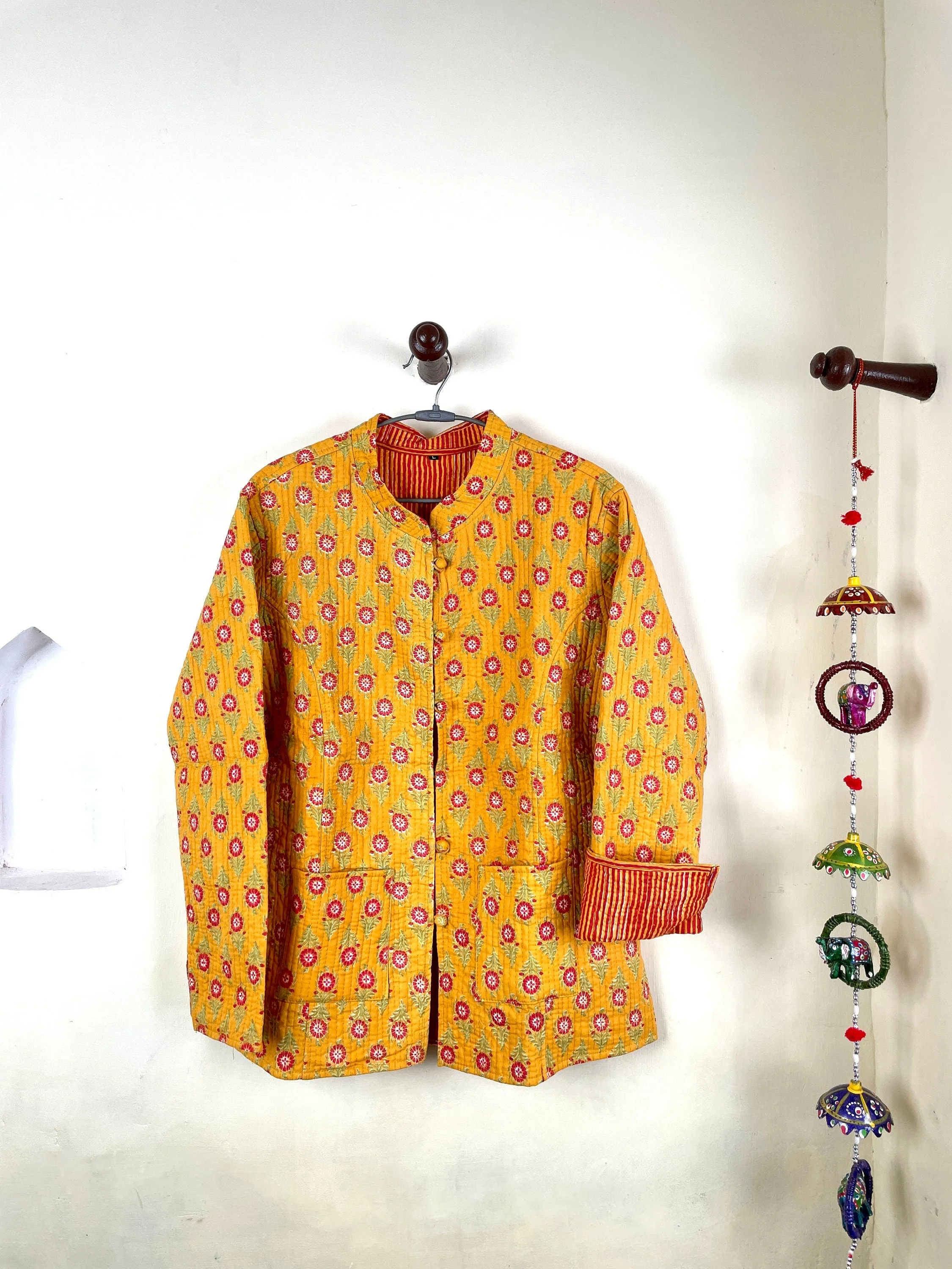 Indian Handmade Quilted Kantha Cotton Fabric Jacket Stylish Yellow Floral Women's Coat, Reversible Waistcoat for Her