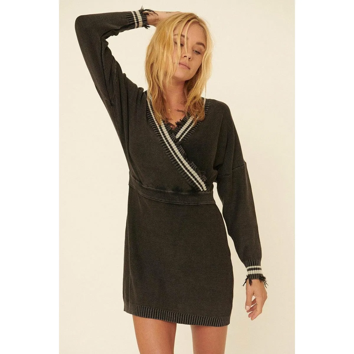 Isabella Varsity Distressed Sweater Dress