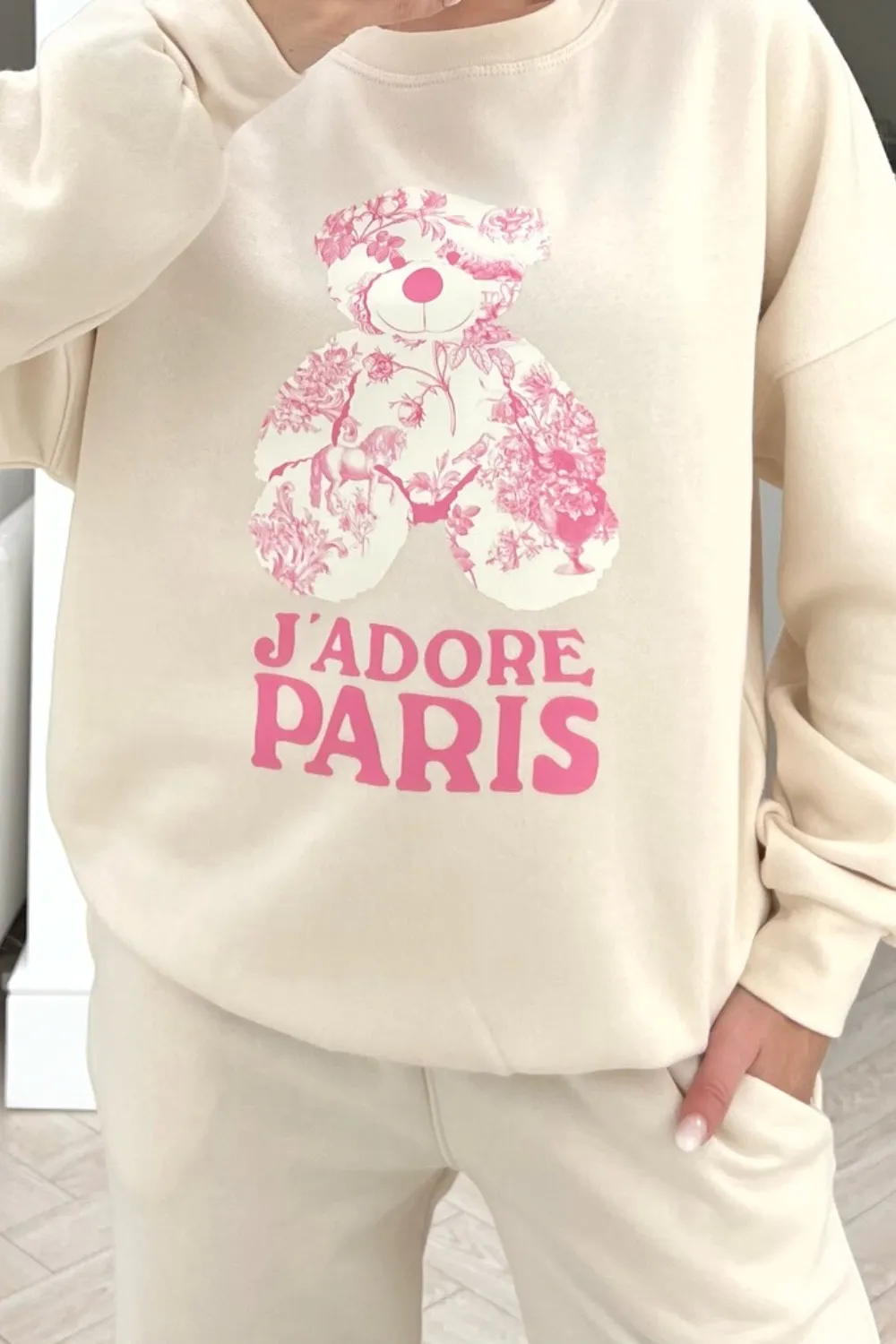 Jadore Paris pink floral teddy printed sweater loungewear set