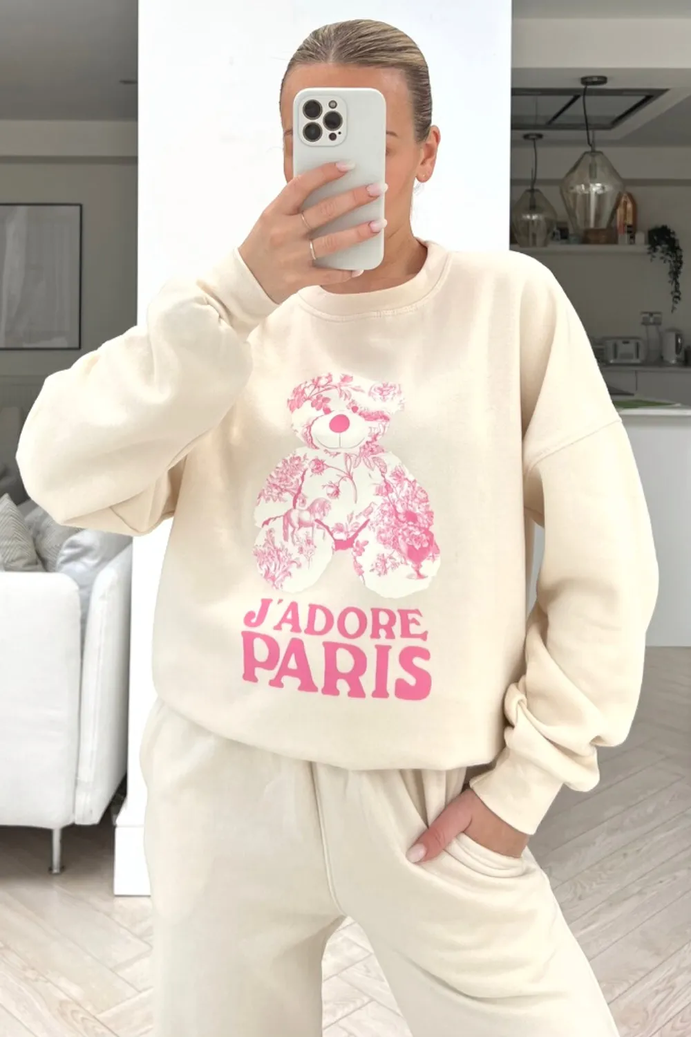 Jadore Paris pink floral teddy printed sweater loungewear set