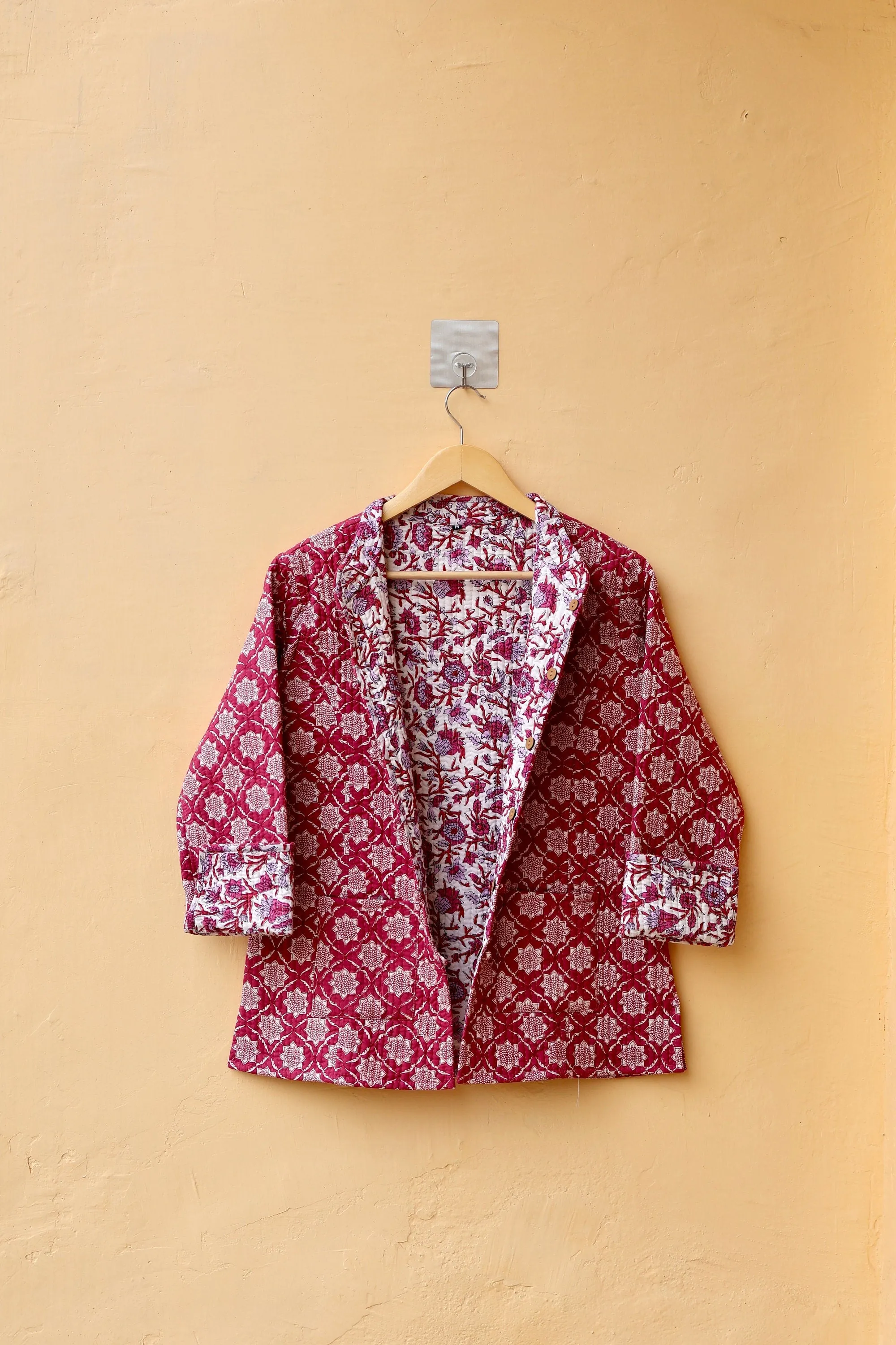 Kantha Quilted Cotton Jacket Stylish Red Floral Women's Coat, Indian Handmade Reversible Waistcoat for Her