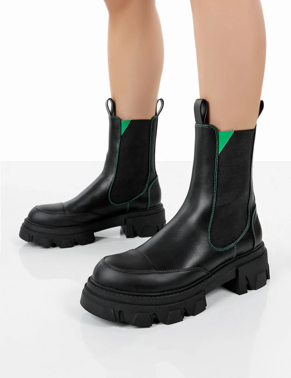 Kenza x Public Desire Fierce Black Chunky Sole Green Upper Chelsea Boots