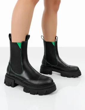 Kenza x Public Desire Fierce Black Chunky Sole Green Upper Chelsea Boots